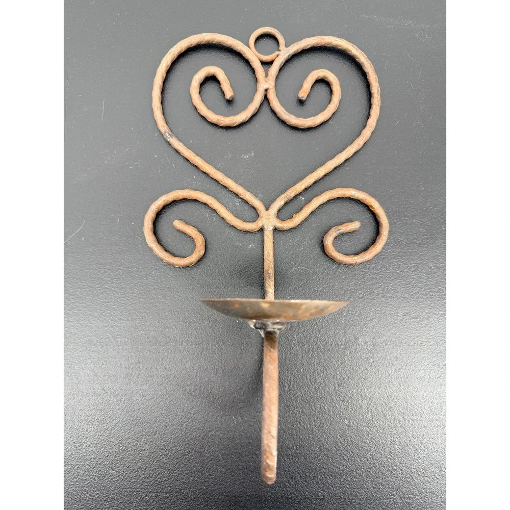 Vintage Wrought Iron Heart Scroll Wall Sconce Candle Holder Rustic Brown Metal
